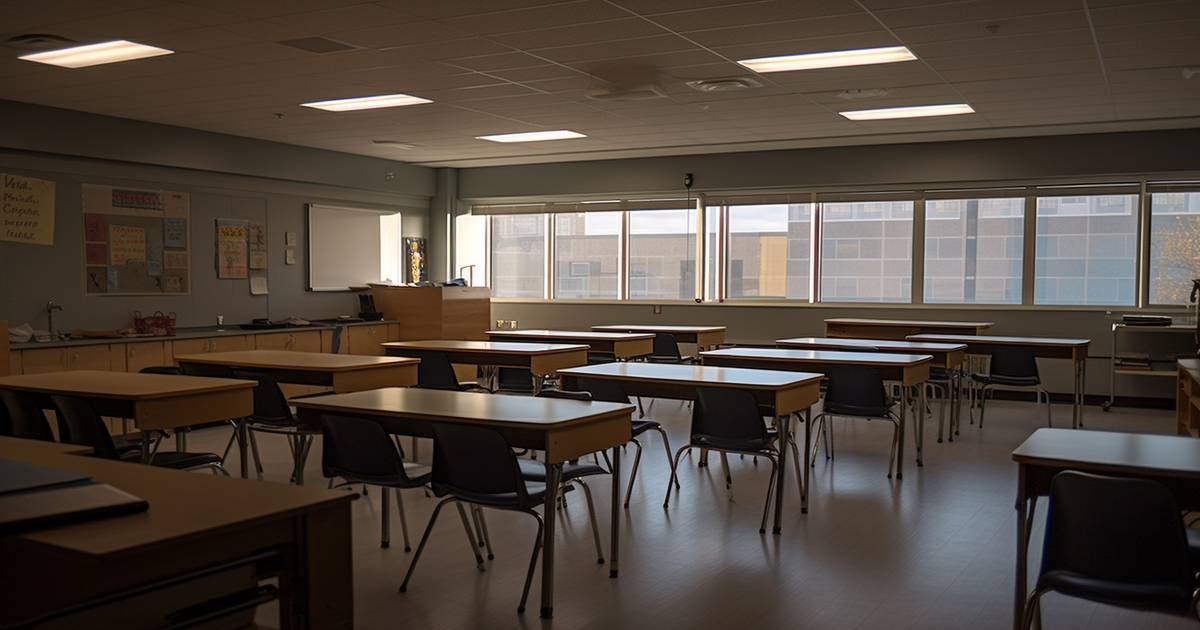 Empty classroom with modern chairs and tables generated by artificial intelligence
